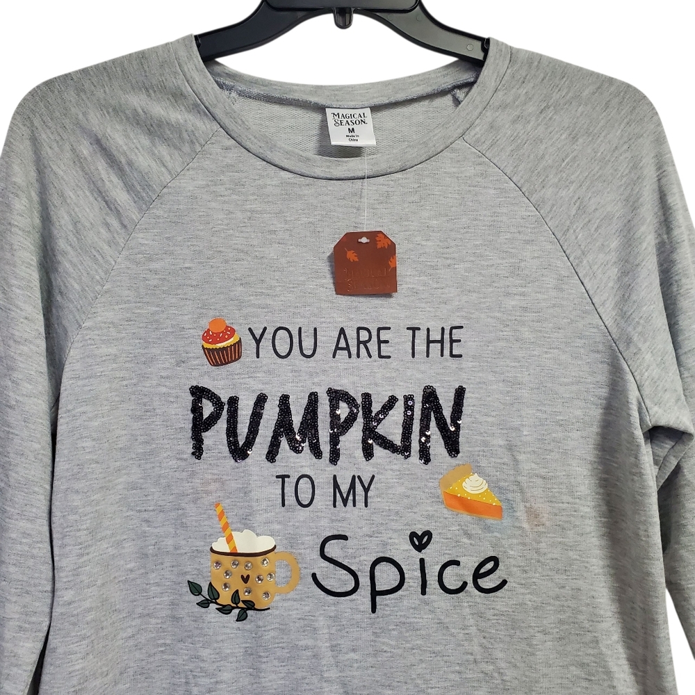 NWT Magical Season Gray Graphic Top with Pumpkin Spice Design Size M
